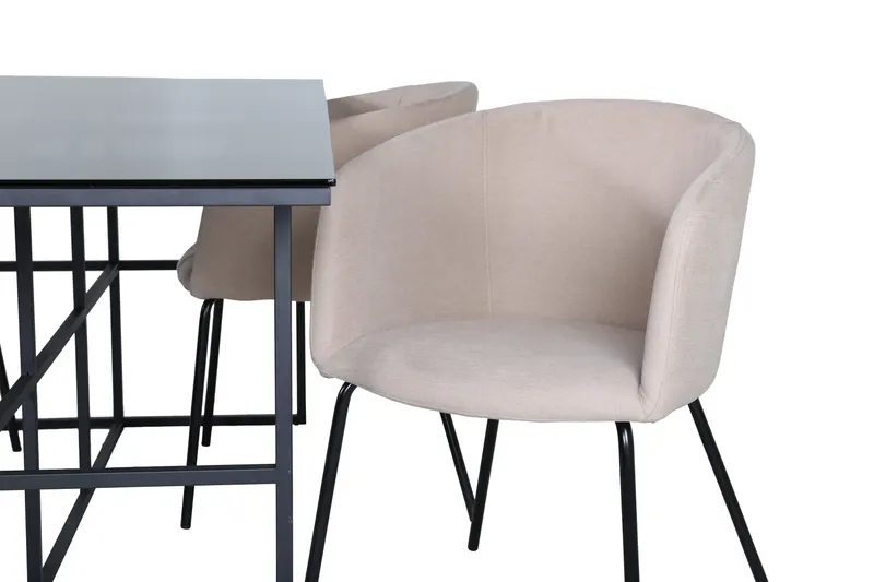 Leif & Berit Essgruppe mit rechteckigem Glastisch und 4 gepolsterten Stühlen in Beige, Gestell Schwarz, Ansicht 4