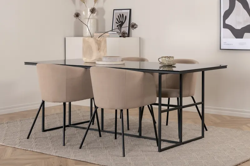 Leif & Berit Essgruppe mit rechteckigem Glastisch und 4 gepolsterten Stühlen in Beige, Gestell Schwarz, im Wohnraum, Ansicht 2