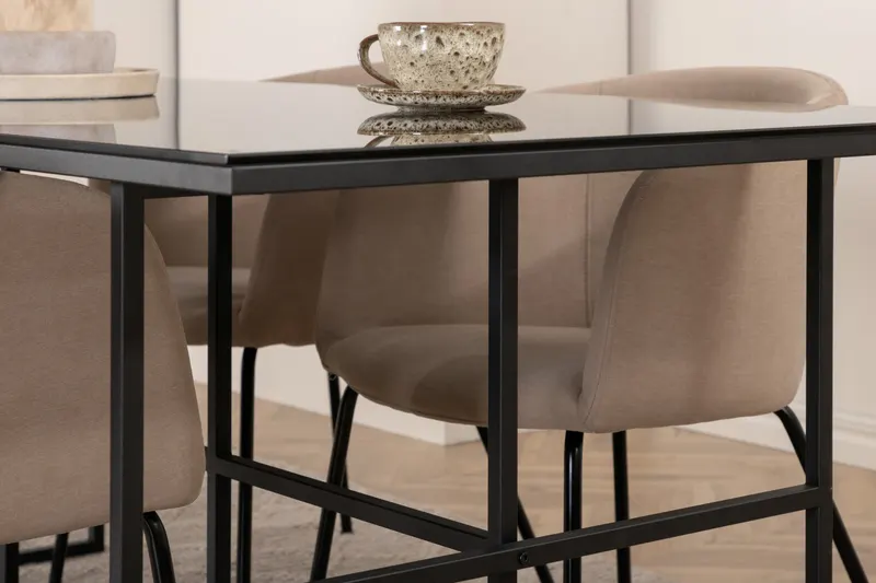 Leif & Berit Essgruppe mit rechteckigem Glastisch und 4 gepolsterten Stühlen in Beige, Gestell Schwarz, im Wohnraum, Ansicht 6