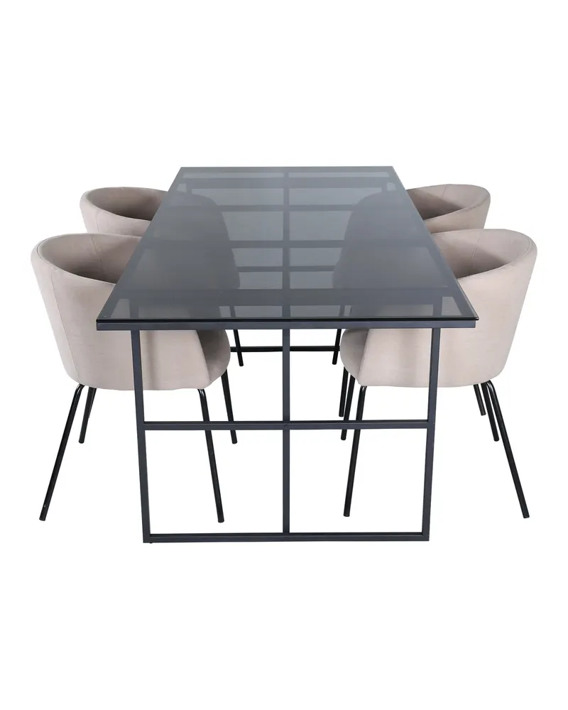 Leif & Berit Essgruppe mit rechteckigem Glastisch und 4 gepolsterten Stühlen in Beige, Gestell Schwarz, Ansicht 2