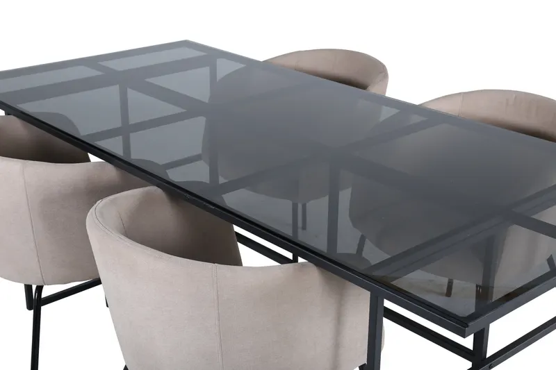 Leif & Berit Essgruppe mit rechteckigem Glastisch und 4 gepolsterten Stühlen in Beige, Gestell Schwarz, Ansicht 3