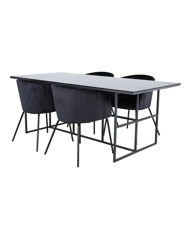 Leif & Berit Essgruppe mit rechteckigem Glastisch und 4 gepolsterten Stühlen in Schwarz, Ansicht 1