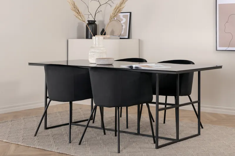 Leif & Berit Essgruppe mit rechteckigem Glastisch und 4 gepolsterten Stühlen in Schwarz, im Wohnraum, Ansicht 2