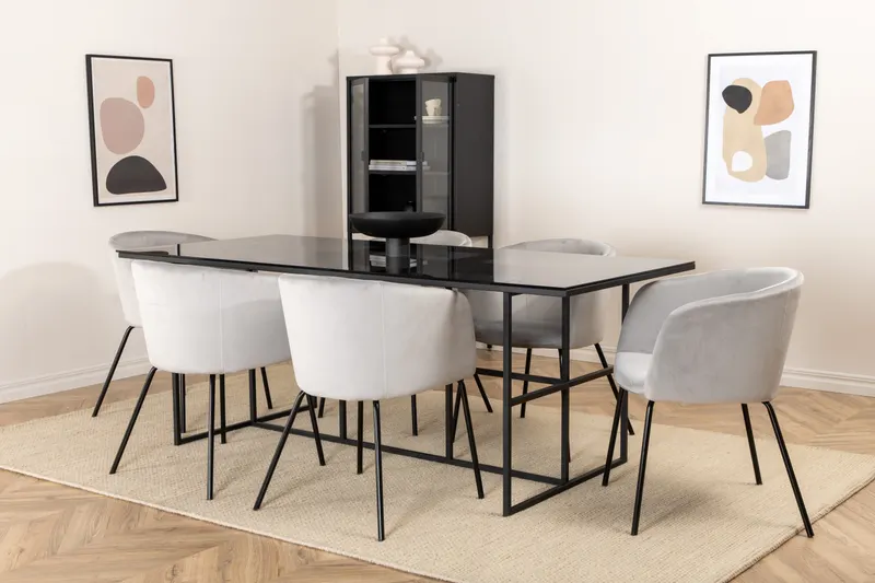 Leif & Berit Essgruppe mit Glastisch und 6 gepolsterten Stühlen in Grau, Gestell Schwarz, im Wohnraum, Ansicht 2
