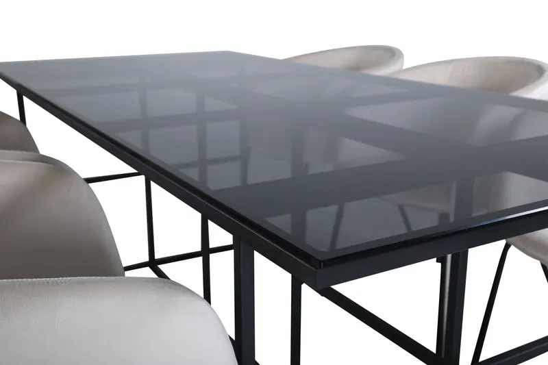 Leif & Berit Essgruppe mit Glastisch und 6 gepolsterten Stühlen in Beige, Gestell Schwarz, Ansicht 3