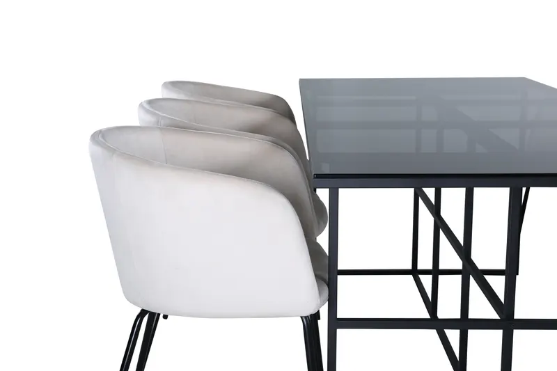 Leif & Berit Essgruppe mit Glastisch und 6 gepolsterten Stühlen in Beige, Gestell Schwarz, Ansicht 4