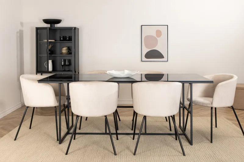 Leif & Berit Essgruppe mit Glastisch und 6 gepolsterten Stühlen in Beige, Gestell Schwarz, im Wohnraum, Ansicht 1