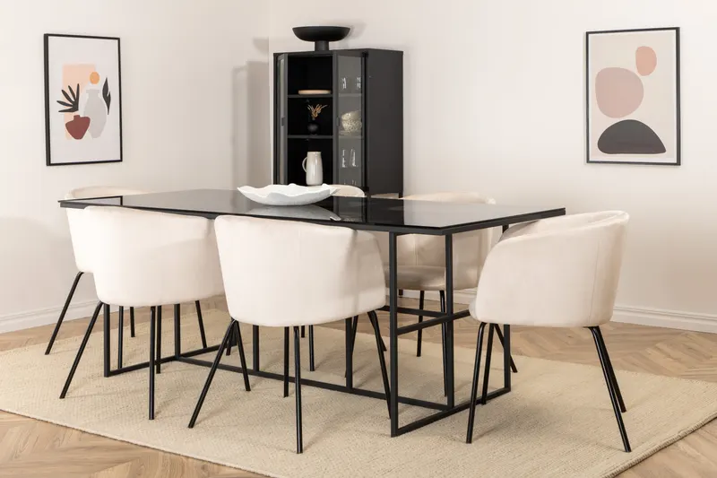 Leif & Berit Essgruppe mit Glastisch und 6 gepolsterten Stühlen in Beige, Gestell Schwarz, im Wohnraum, Ansicht 2