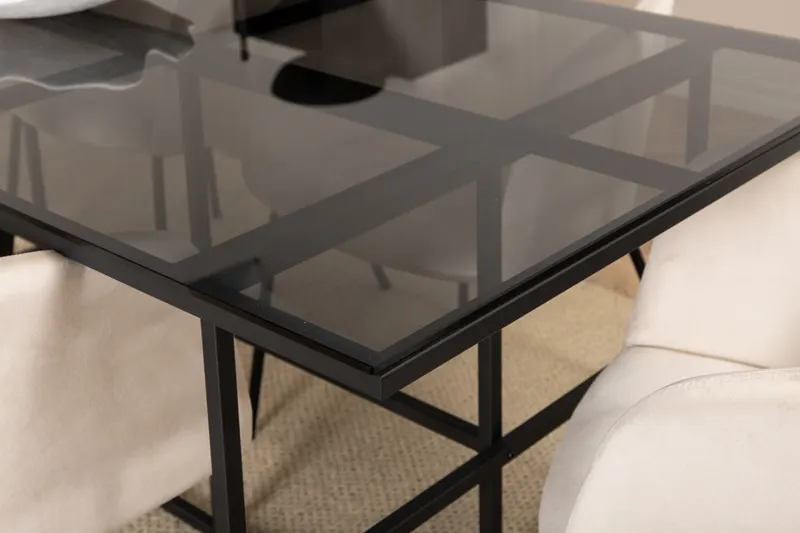 Leif & Berit Essgruppe mit Glastisch und 6 gepolsterten Stühlen in Beige, Gestell Schwarz, im Wohnraum, Ansicht 4