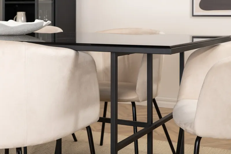 Leif & Berit Essgruppe mit Glastisch und 6 gepolsterten Stühlen in Beige, Gestell Schwarz, im Wohnraum, Ansicht 6