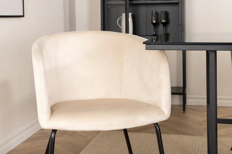 Leif & Berit Essgruppe mit Glastisch und 6 gepolsterten Stühlen in Beige, Gestell Schwarz, im Wohnraum, Ansicht 7