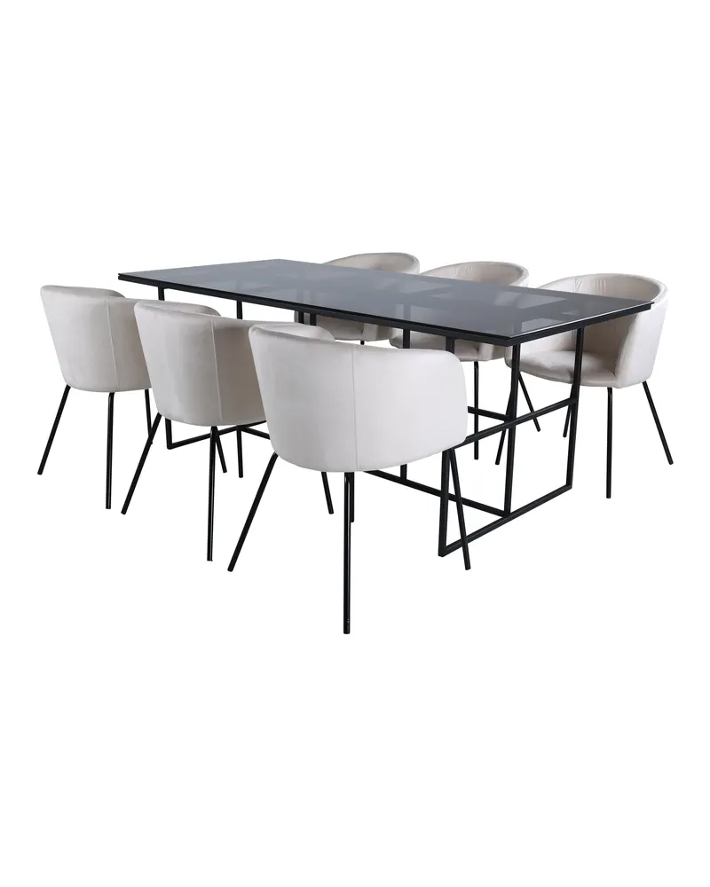 Leif & Berit Essgruppe mit Glastisch und 6 gepolsterten Stühlen in Beige, Gestell Schwarz, Ansicht 2