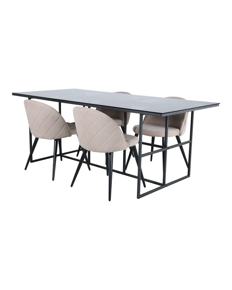 Leif & Velvet Essgruppe mit Glastisch und 4 Polsterstühlen mit Ziernaht in Beige, Gestell Schwarz, Ansicht 1