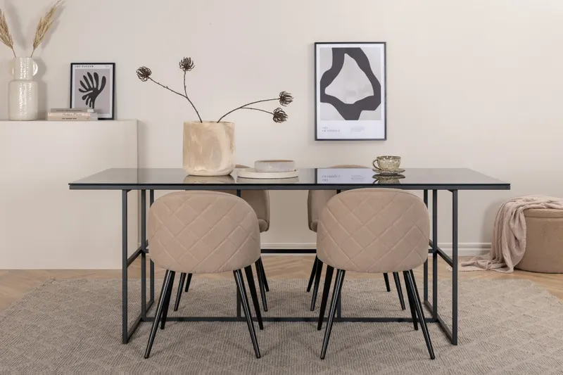 Leif & Velvet Essgruppe mit Glastisch und 4 Polsterstühlen mit Ziernaht in Beige, Gestell Schwarz, im Wohnraum, Ansicht 1