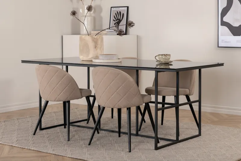 Leif & Velvet Essgruppe mit Glastisch und 4 Polsterstühlen mit Ziernaht in Beige, Gestell Schwarz, im Wohnraum, Ansicht 2