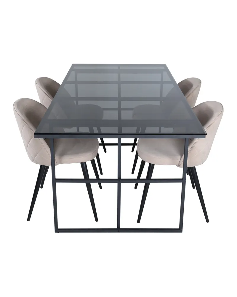Leif & Velvet Essgruppe mit Glastisch und 4 Polsterstühlen mit Ziernaht in Beige, Gestell Schwarz, Ansicht 2