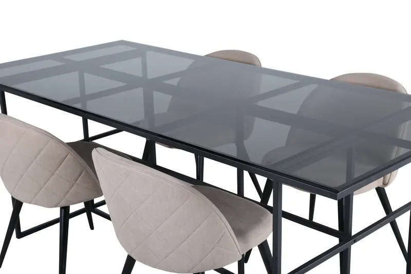 Leif & Velvet Essgruppe mit Glastisch und 4 Polsterstühlen mit Ziernaht in Beige, Gestell Schwarz, Ansicht 3