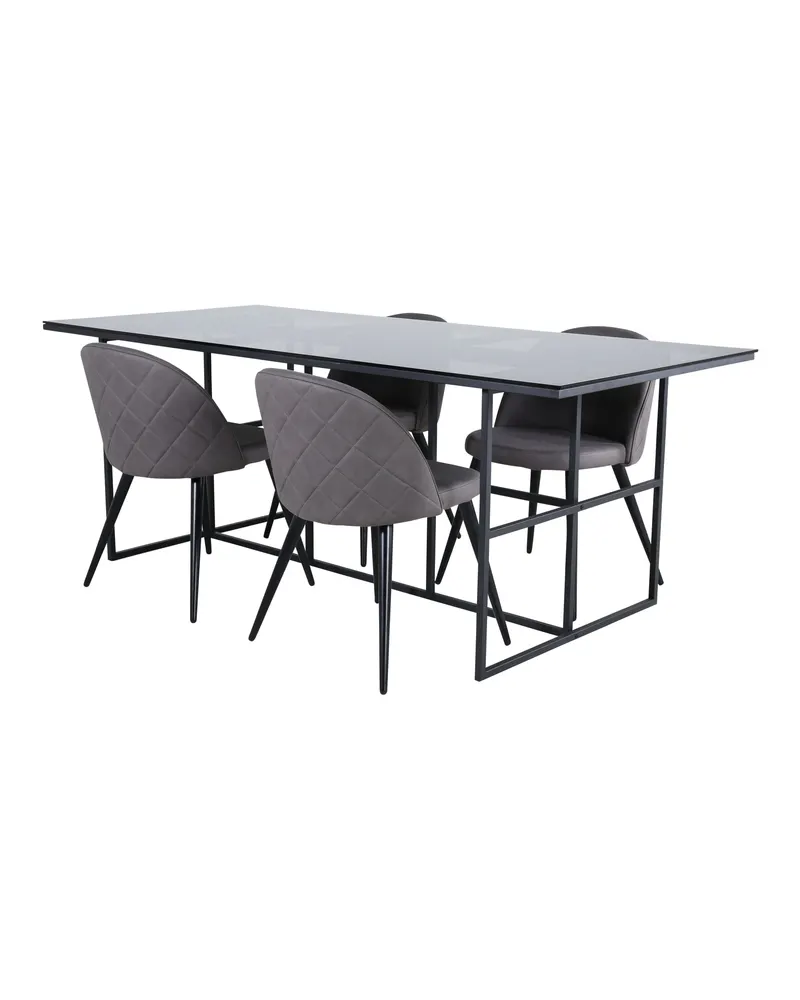 Leif & Velvet Essgruppe mit Glastisch und 4 Polsterstühlen mit Ziernaht in Grau, Gestell Schwarz, Ansicht 1