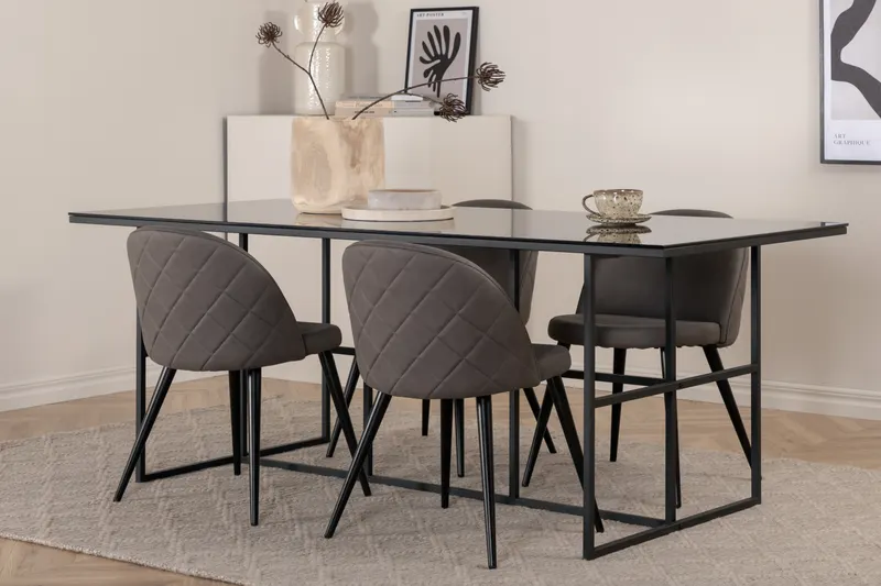 Leif & Velvet Essgruppe mit Glastisch und 4 Polsterstühlen mit Ziernaht in Grau, Gestell Schwarz, im Wohnraum, Ansicht 2