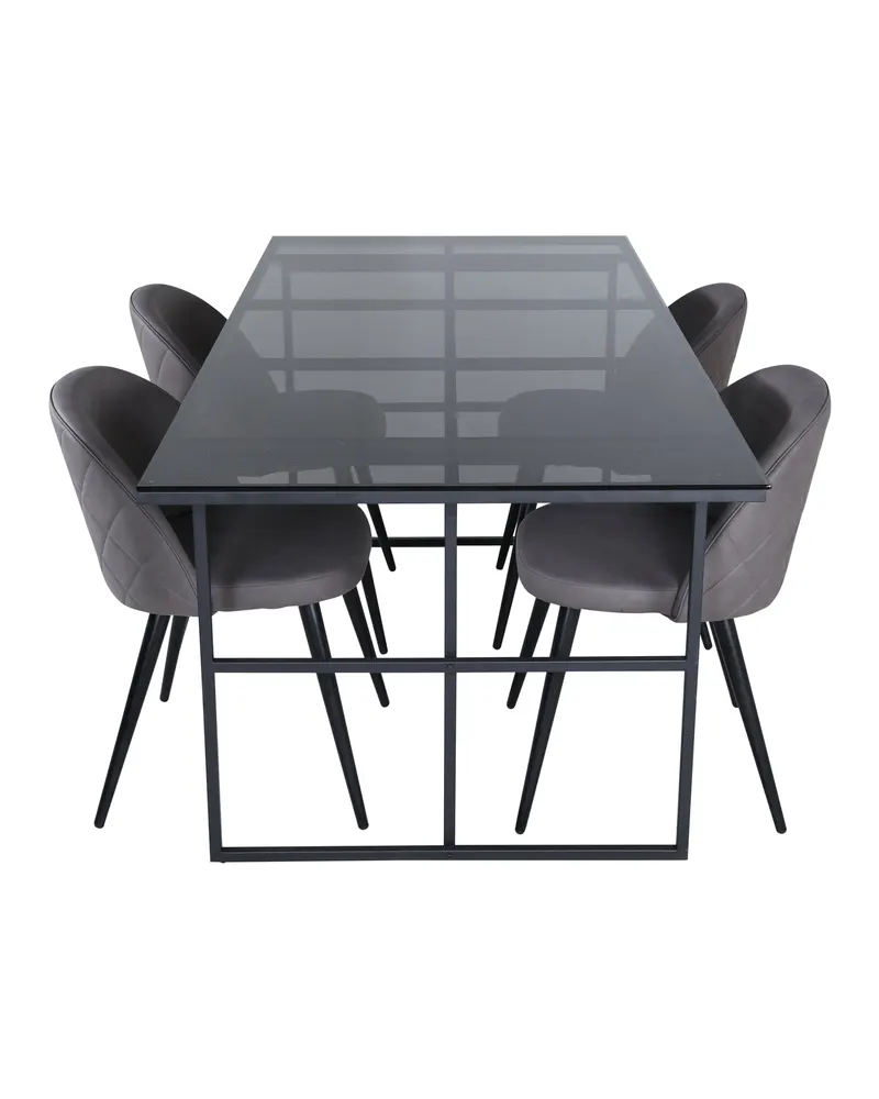 Leif & Velvet Essgruppe mit Glastisch und 4 Polsterstühlen mit Ziernaht in Grau, Gestell Schwarz, Ansicht 2