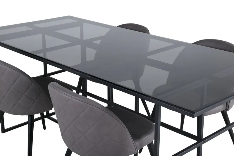 Leif & Velvet Essgruppe mit Glastisch und 4 Polsterstühlen mit Ziernaht in Grau, Gestell Schwarz, Ansicht 3