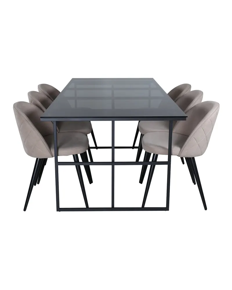 Leif & Velvet Essgruppe mit Glastisch und 6 Polsterstühlen in Beige, Gestell Schwarz, Ansicht 1