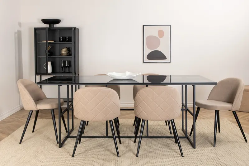 Leif & Velvet Essgruppe mit Glastisch und 6 Polsterstühlen in Beige, Gestell Schwarz, im Wohnraum, Ansicht 1