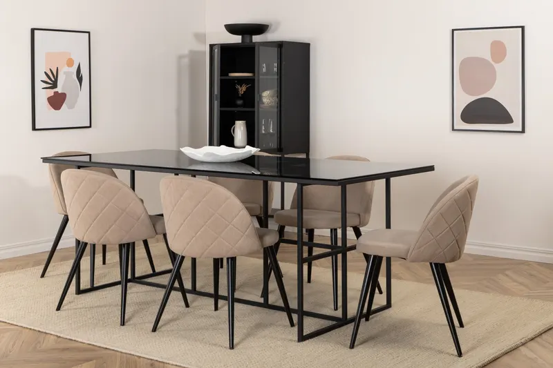 Leif & Velvet Essgruppe mit Glastisch und 6 Polsterstühlen in Beige, Gestell Schwarz, im Wohnraum, Ansicht 2