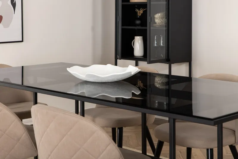 Leif & Velvet Essgruppe mit Glastisch und 6 Polsterstühlen in Beige, Gestell Schwarz, im Wohnraum, Ansicht 3