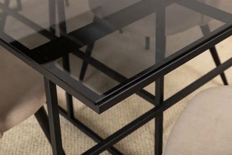 Leif & Velvet Essgruppe mit Glastisch und 6 Polsterstühlen in Beige, Gestell Schwarz, im Wohnraum, Ansicht 4