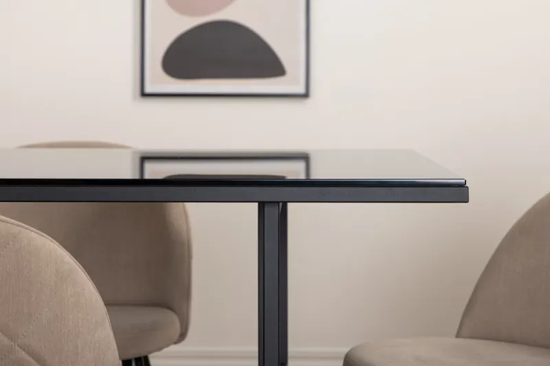 Leif & Velvet Essgruppe mit Glastisch und 6 Polsterstühlen in Beige, Gestell Schwarz, im Wohnraum, Ansicht 5