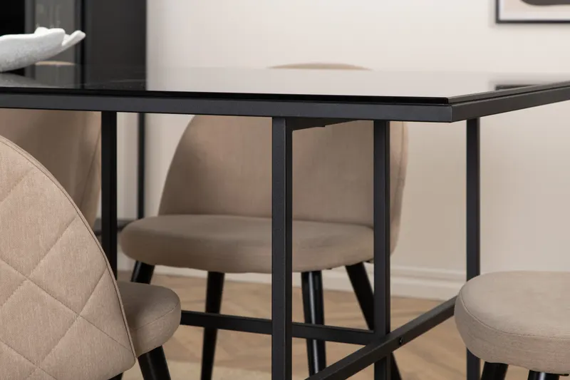 Leif & Velvet Essgruppe mit Glastisch und 6 Polsterstühlen in Beige, Gestell Schwarz, im Wohnraum, Ansicht 6