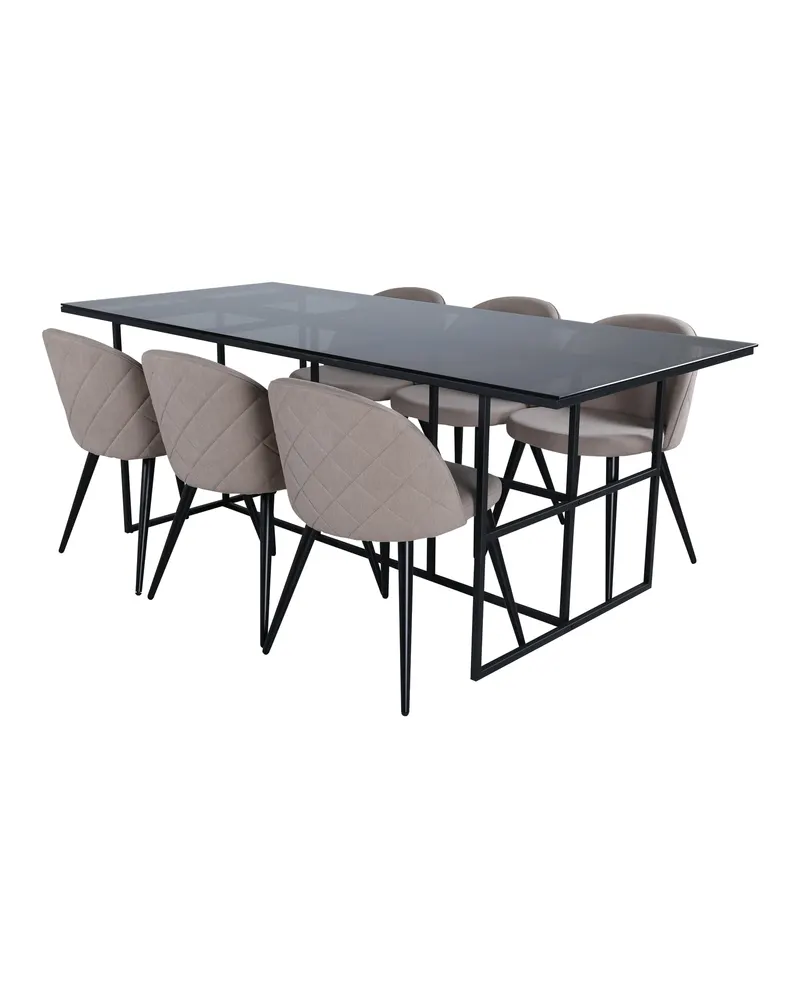 Leif & Velvet Essgruppe mit Glastisch und 6 Polsterstühlen in Beige, Gestell Schwarz, Ansicht 2