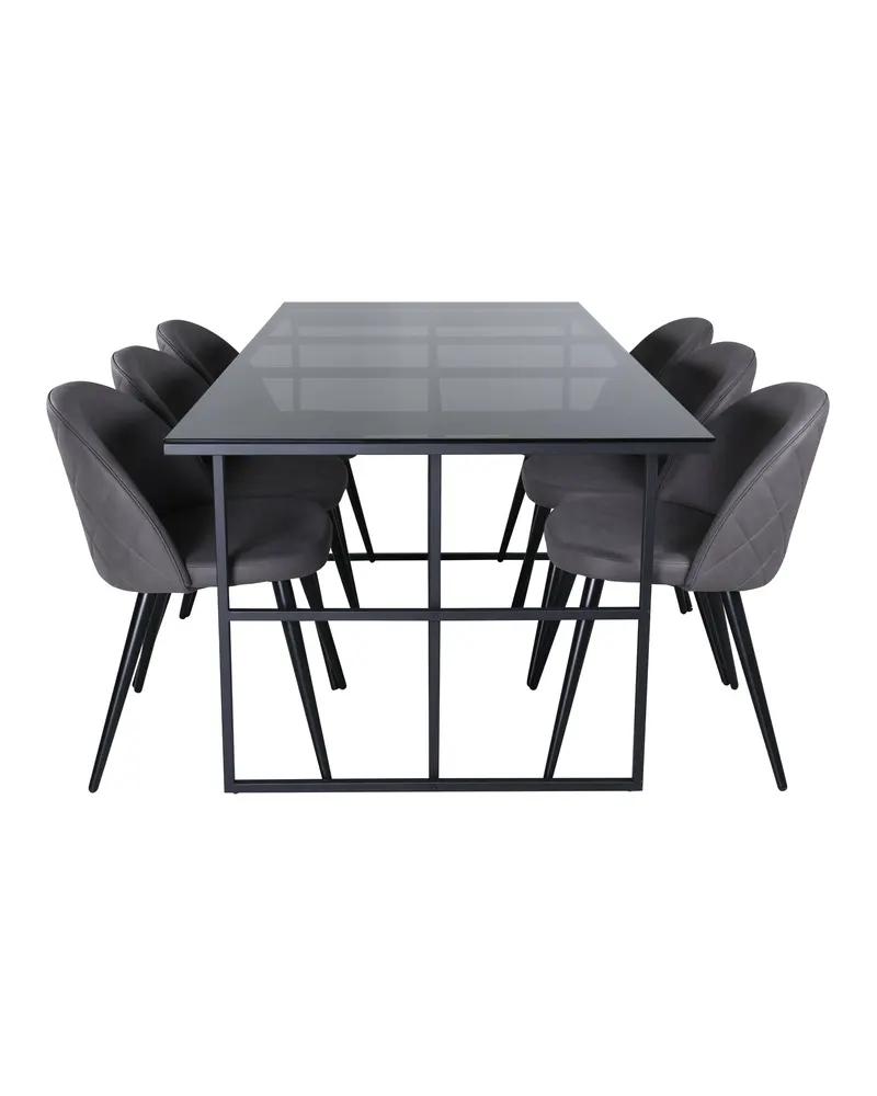 Leif & Velvet Essgruppe mit Glastisch und 6 Polsterstühlen in Grau, Gestell Schwarz, Ansicht 1