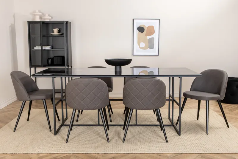 Leif & Velvet Essgruppe mit Glastisch und 6 Polsterstühlen in Grau, Gestell Schwarz, im Wohnraum, Ansicht 1