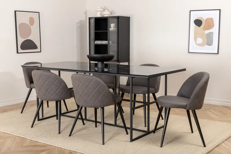 Leif & Velvet Essgruppe mit Glastisch und 6 Polsterstühlen in Grau, Gestell Schwarz, im Wohnraum, Ansicht 2