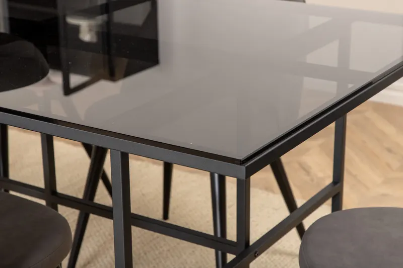 Leif & Velvet Essgruppe mit Glastisch und 6 Polsterstühlen in Grau, Gestell Schwarz, im Wohnraum, Ansicht 3