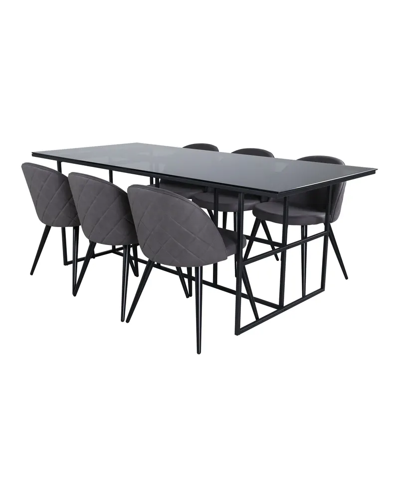 Leif & Velvet Essgruppe mit Glastisch und 6 Polsterstühlen in Grau, Gestell Schwarz, Ansicht 2