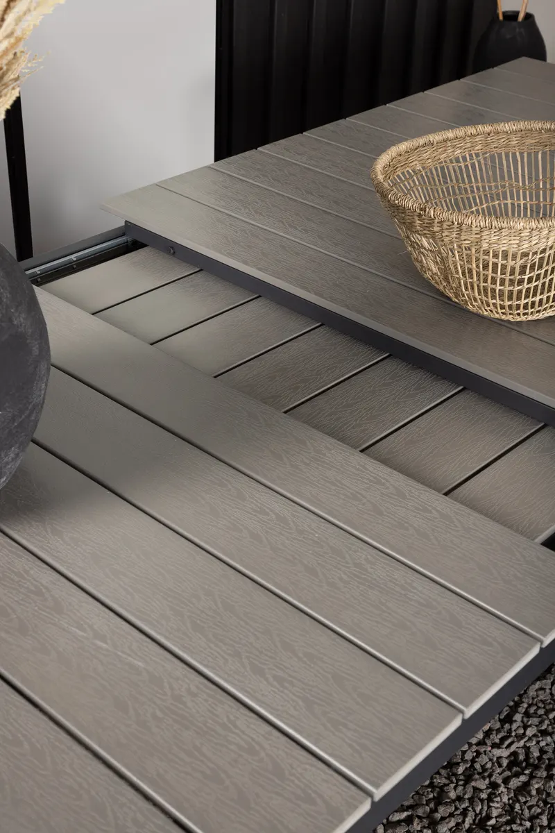 Levels ausziehbarer Gartentisch mit Kunstholzplatte und Aluminiumgestell in 229 × 100 cm, Grau, Gestell Schwarz, im Wohnraum, Ansicht 5