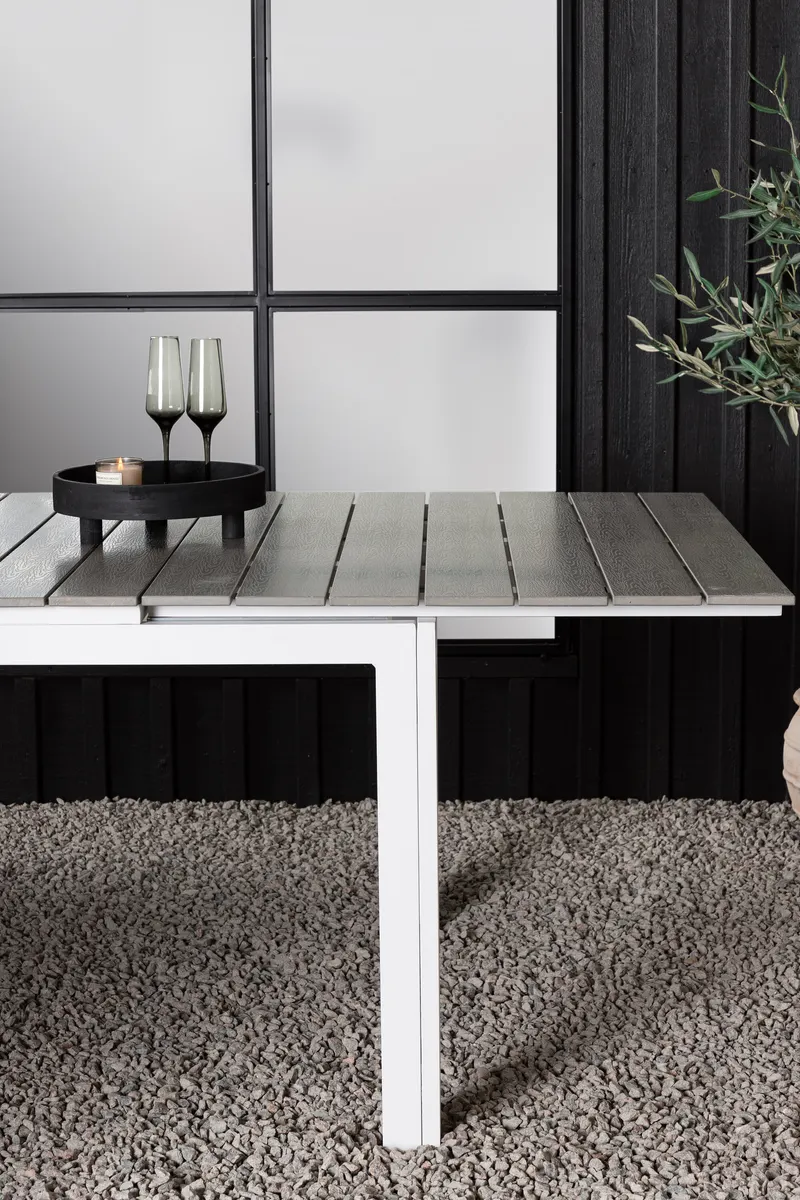 Levels ausziehbarer Gartentisch mit Kunstholzplatte und Aluminiumgestell in 160 × 100 cm, Grau, Gestell Weiß, im Wohnraum, Ansicht 2