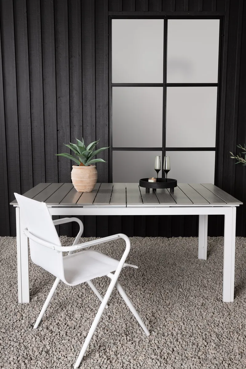 Levels ausziehbarer Gartentisch mit Kunstholzplatte und Aluminiumgestell in 160 × 100 cm, Grau, Gestell Weiß, im Wohnraum, Ansicht 1