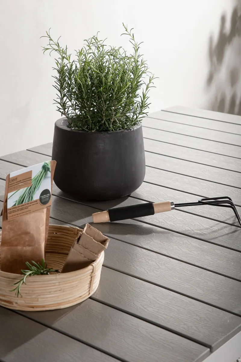 Levels ausziehbarer Gartentisch mit Kunstholzplatte und Aluminiumgestell in 229 × 100 cm, Grau, Gestell Weiß, im Wohnraum, Ansicht 5