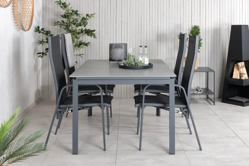 Levels & Copacabana Gartenmöbel-Set mit Ausziehtisch und 4 Hochlehnern in Grau, Gestell Schwarz, im Wohnraum, Ansicht 1