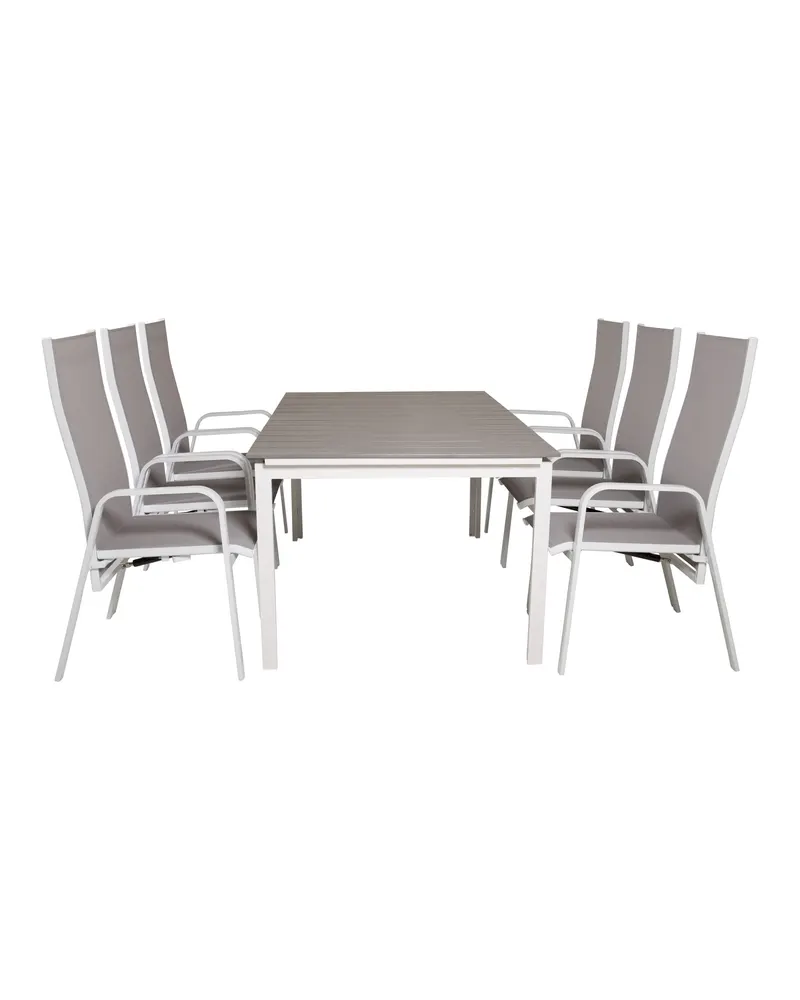 Levels & Copacabana Gartenmöbel-Set mit Ausziehtisch und 6 Hochlehnern in 160 × 100 cm, Grau, Gestell Weiß, Ansicht 1