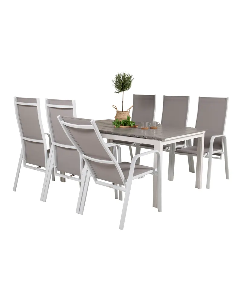 Levels & Copacabana Gartenmöbel-Set mit Ausziehtisch und 6 Hochlehnern in 160 × 100 cm, Grau, Gestell Weiß, Ansicht 5