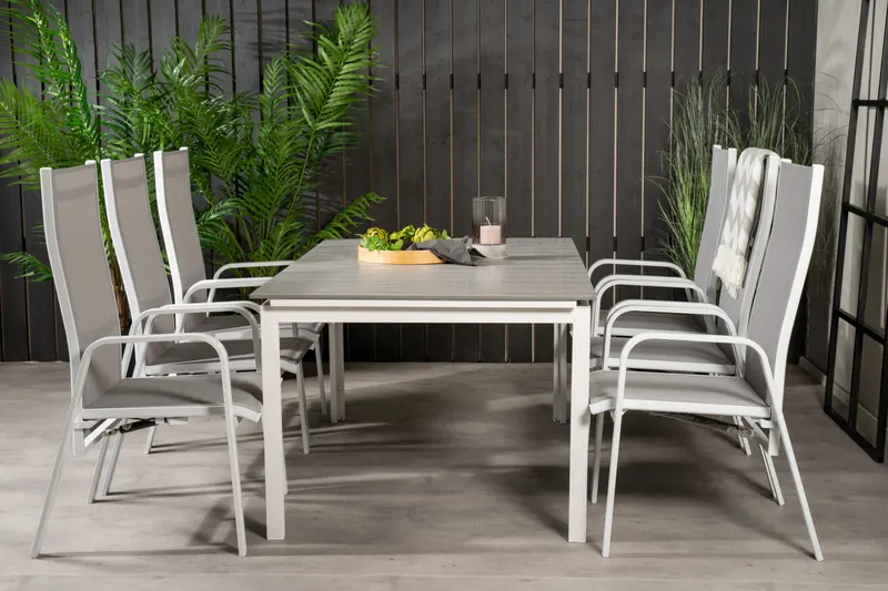 Levels & Copacabana Gartenmöbel-Set mit Ausziehtisch und 6 Hochlehnern in 160 × 100 cm, Grau, Gestell Weiß, im Wohnraum, Ansicht 1