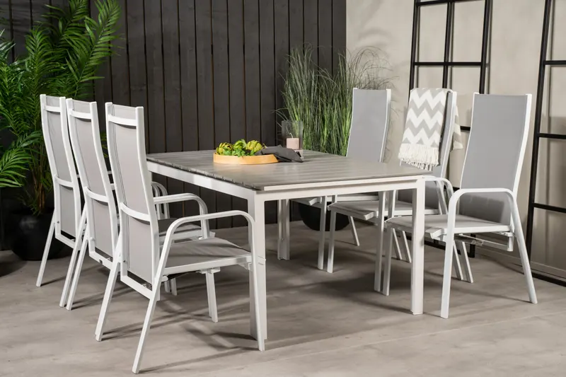 Levels & Copacabana Gartenmöbel-Set mit Ausziehtisch und 6 Hochlehnern in 160 × 100 cm, Grau, Gestell Weiß, im Wohnraum, Ansicht 2