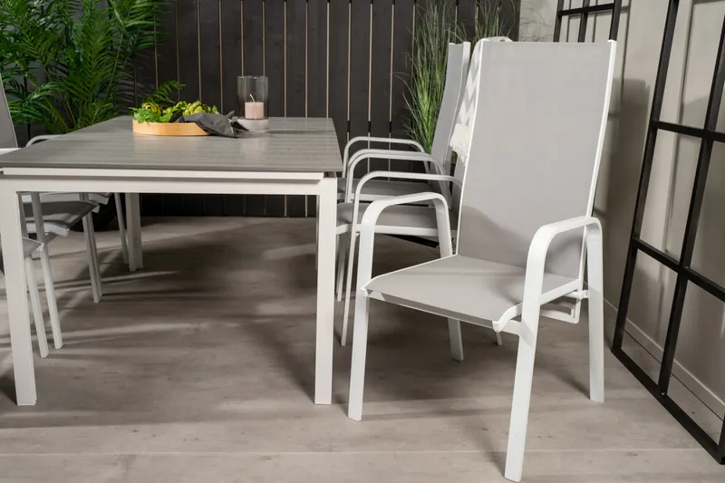 Levels & Copacabana Gartenmöbel-Set mit Ausziehtisch und 6 Hochlehnern in 160 × 100 cm, Grau, Gestell Weiß, im Wohnraum, Ansicht 4