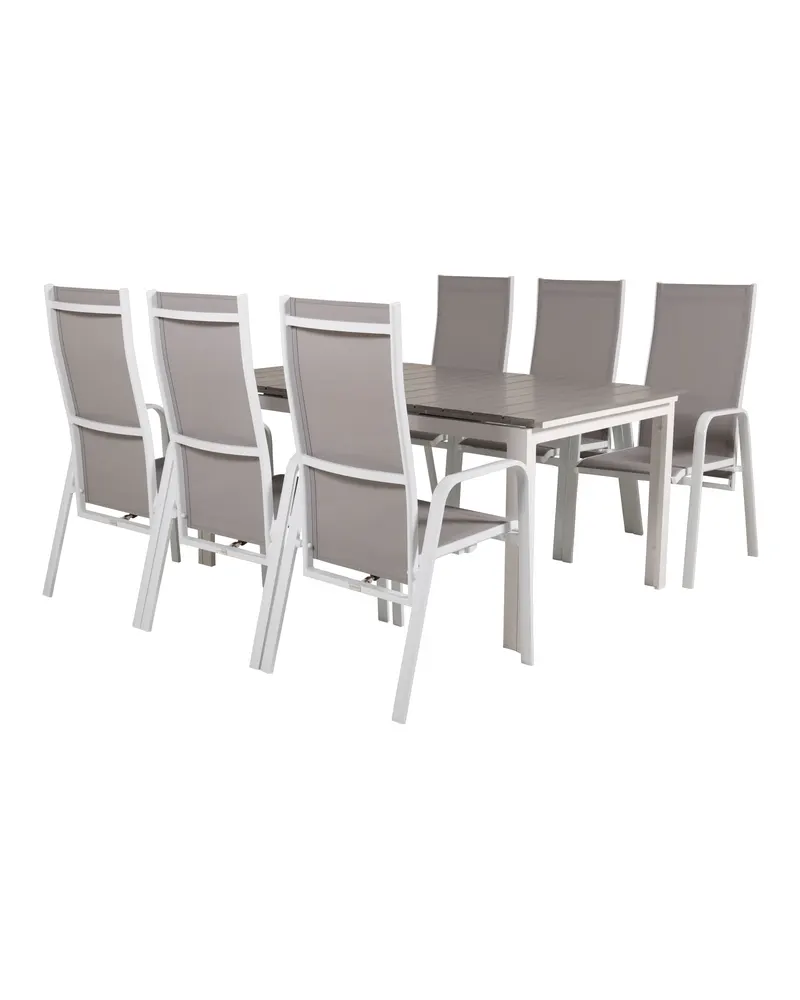 Levels & Copacabana Gartenmöbel-Set mit Ausziehtisch und 6 Hochlehnern in 160 × 100 cm, Grau, Gestell Weiß, Ansicht 2