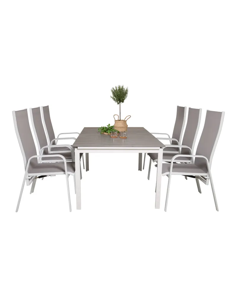 Levels & Copacabana Gartenmöbel-Set mit Ausziehtisch und 6 Hochlehnern in 160 × 100 cm, Grau, Gestell Weiß, Ansicht 3